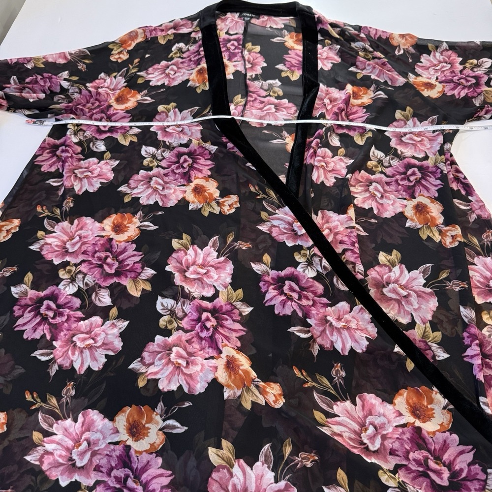 Torrid Pink Floral Black Velvet‎ Trim Chiffon Duster Open Kimono Boho Layers 4X - Picture 7 of 9